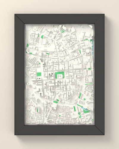 3D Belfast Map Framed - 3D printed Belfast map in a black wooden A5 frame, lit from the side