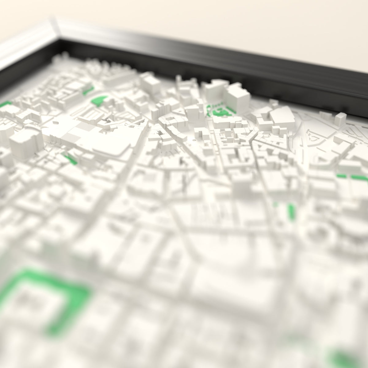 3D Belfast Map Framed - Close-up across the 3D Belfast map showing the raised streets and buildings
