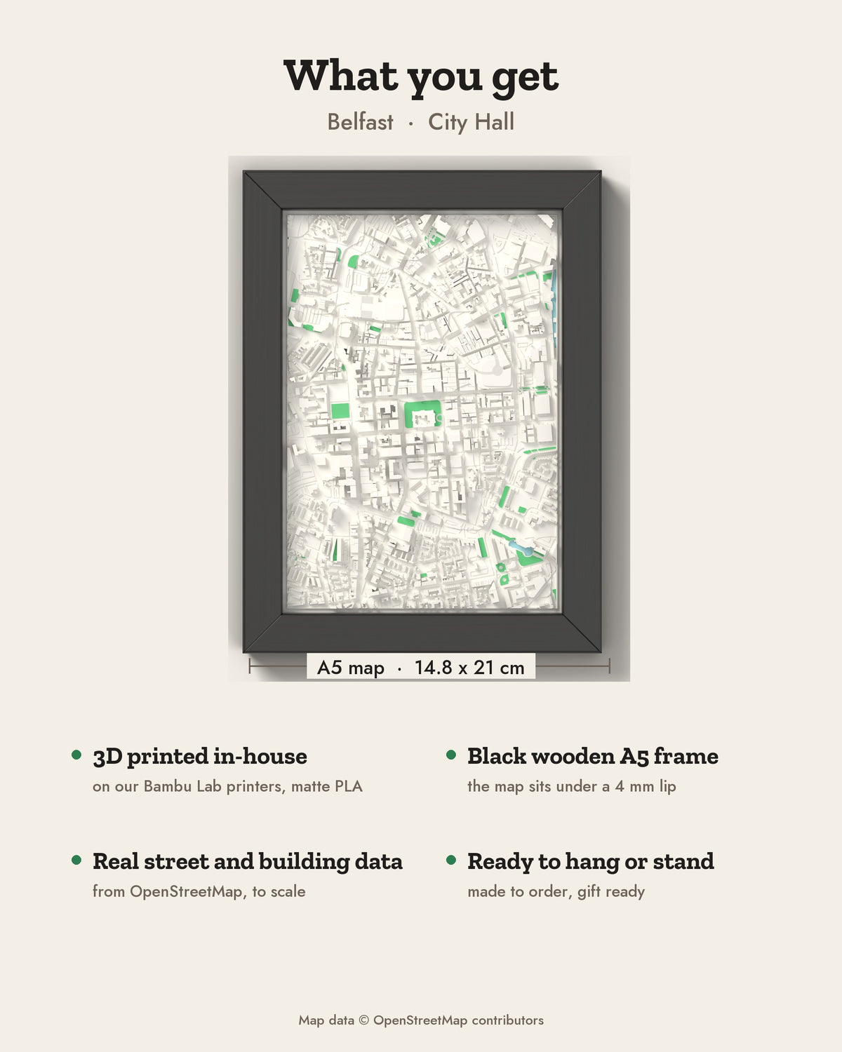 3D Belfast Map Framed - What you get: A5 3D city map, 14.8 x 21 cm, in a black wooden frame