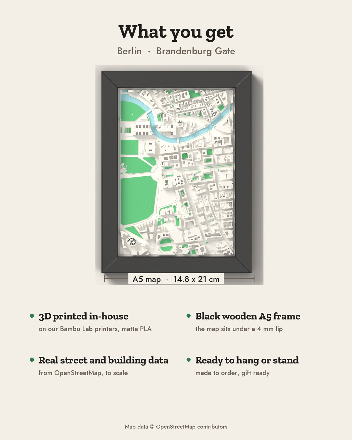 3D Berlin Map Framed - What you get: A5 3D city map, 14.8 x 21 cm, in a black wooden frame