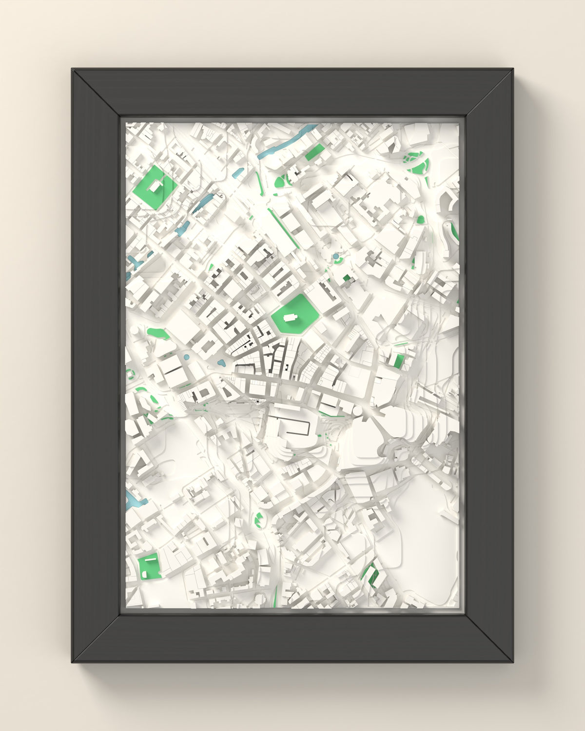 3D Birmingham Map Framed - 3D printed Birmingham map in a black wooden A5 frame, lit from the side