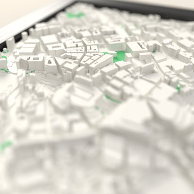 3D Birmingham Map Framed - Close-up across the 3D Birmingham map showing the raised streets and buildings