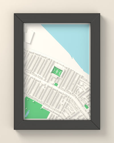 3D Blundell Park Map Framed - 3D printed Blundell Park map in a black wooden A5 frame, lit from the side