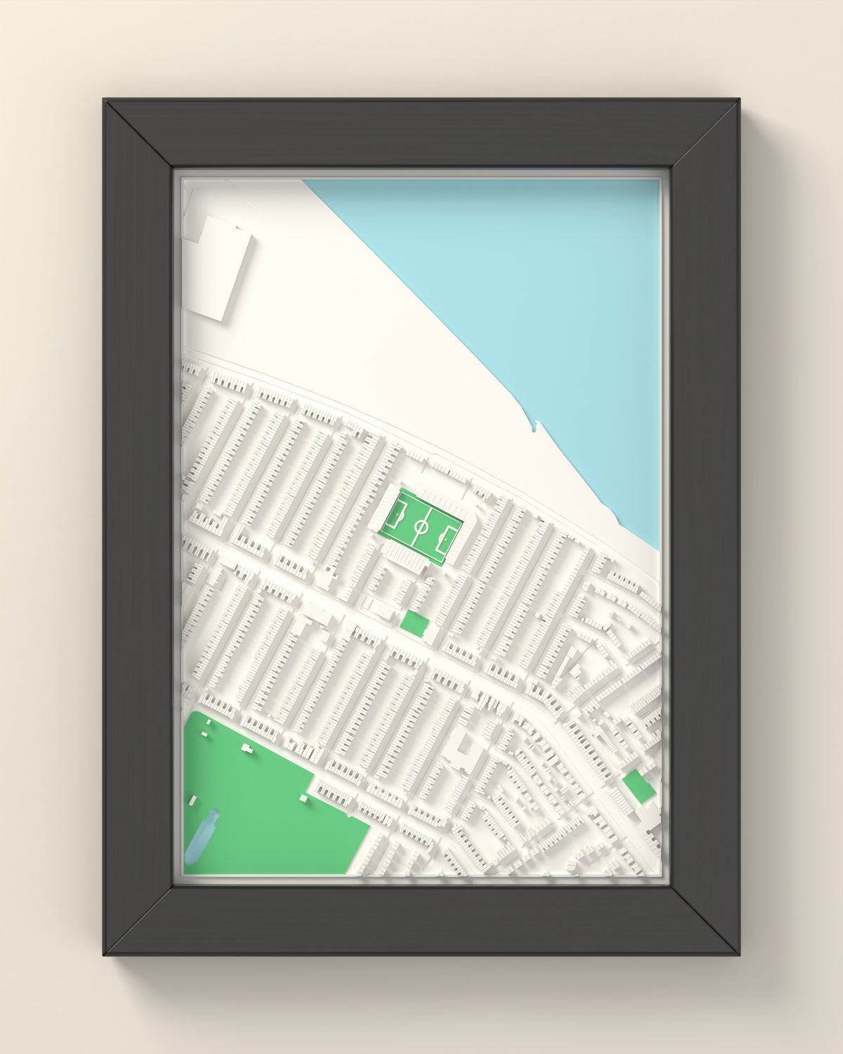 3D Blundell Park Map Framed - 3D printed Blundell Park map in a black wooden A5 frame, lit from the side