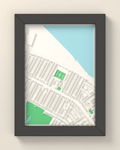 3D Blundell Park Map Framed - 3D printed Blundell Park map in a black wooden A5 frame, lit from the side