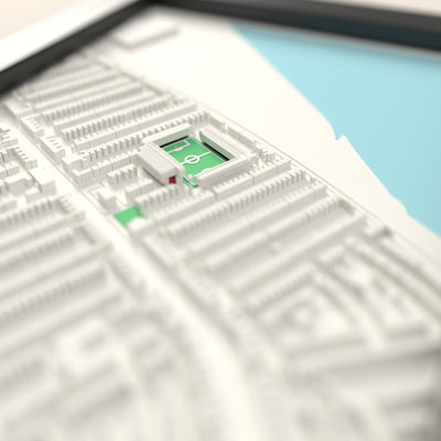 3D Blundell Park Map Framed - Close-up across the 3D map showing the Blundell Park stands and green pitch standing up from the streets