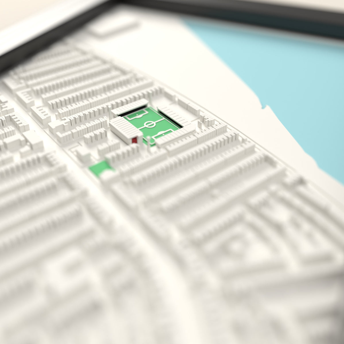 3D Blundell Park Map Framed - Close-up across the 3D map showing the Blundell Park stands and green pitch standing up from the streets