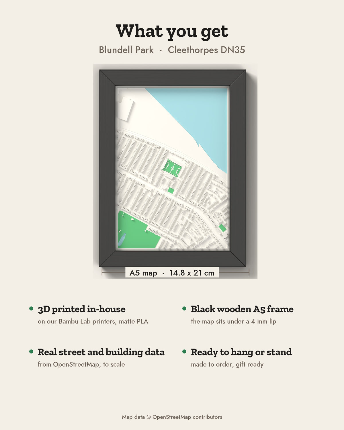 3D Blundell Park Map Framed - What you get: A5 3D stadium map, 14.8 x 21 cm, in a black wooden frame