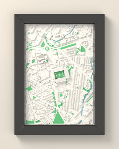 3D Bramall Lane Map Framed - 3D printed Bramall Lane map in a black wooden A5 frame, lit from the side