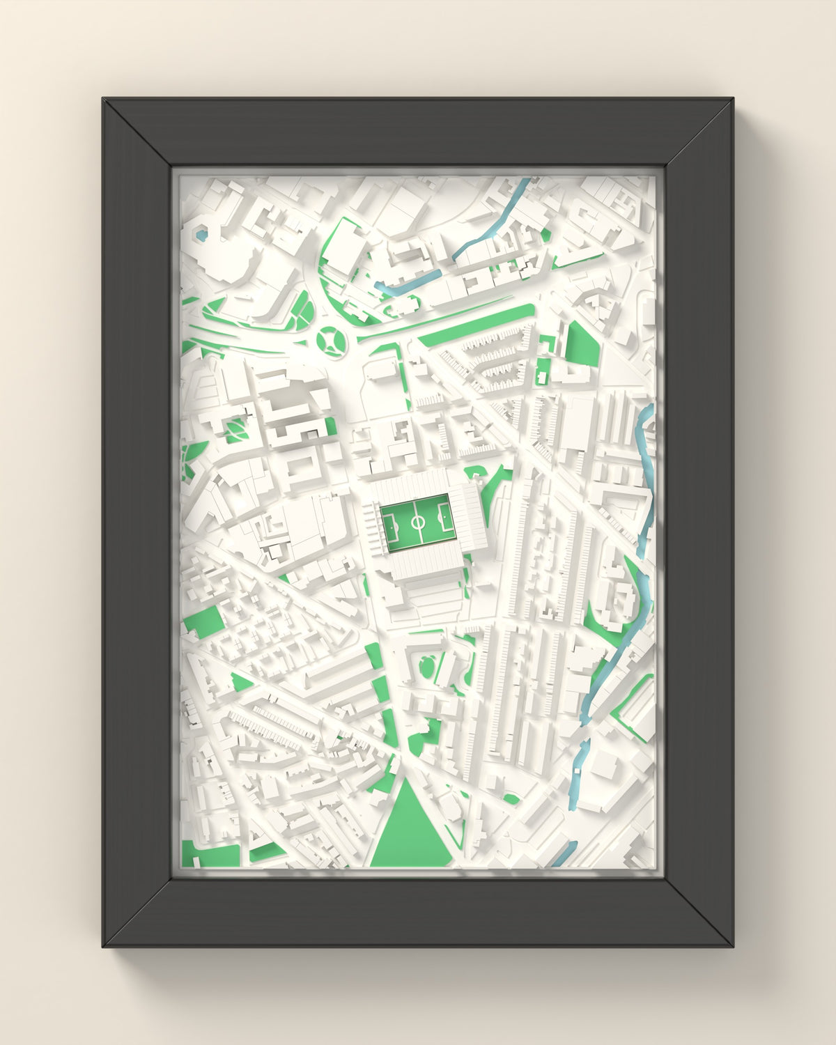 3D Bramall Lane Map Framed - 3D printed Bramall Lane map in a black wooden A5 frame, lit from the side