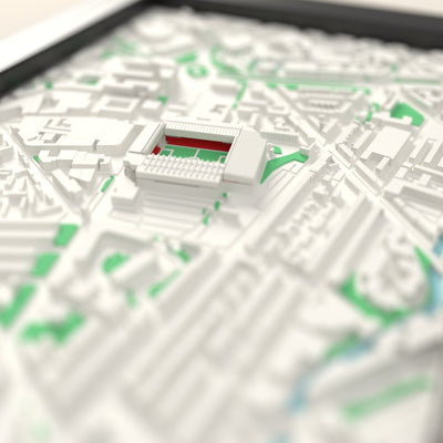 3D Bramall Lane Map Framed - Close-up across the 3D map showing the Bramall Lane stands and green pitch standing up from the streets