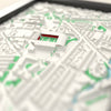3D Bramall Lane Map Framed - Close-up across the 3D map showing the Bramall Lane stands and green pitch standing up from the streets