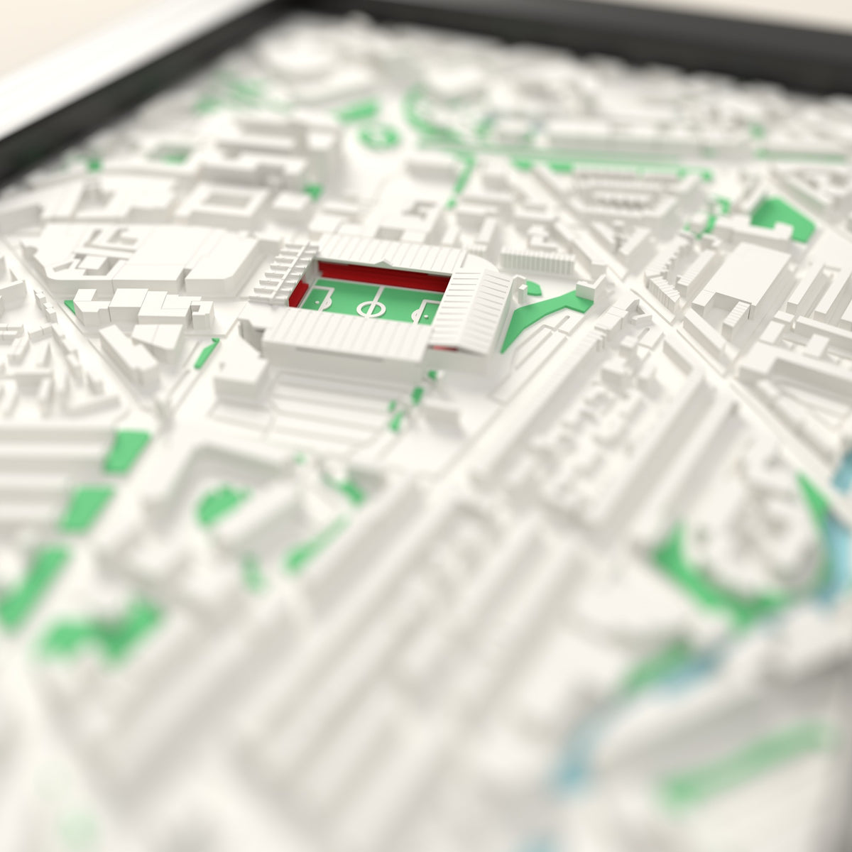 3D Bramall Lane Map Framed - Close-up across the 3D map showing the Bramall Lane stands and green pitch standing up from the streets