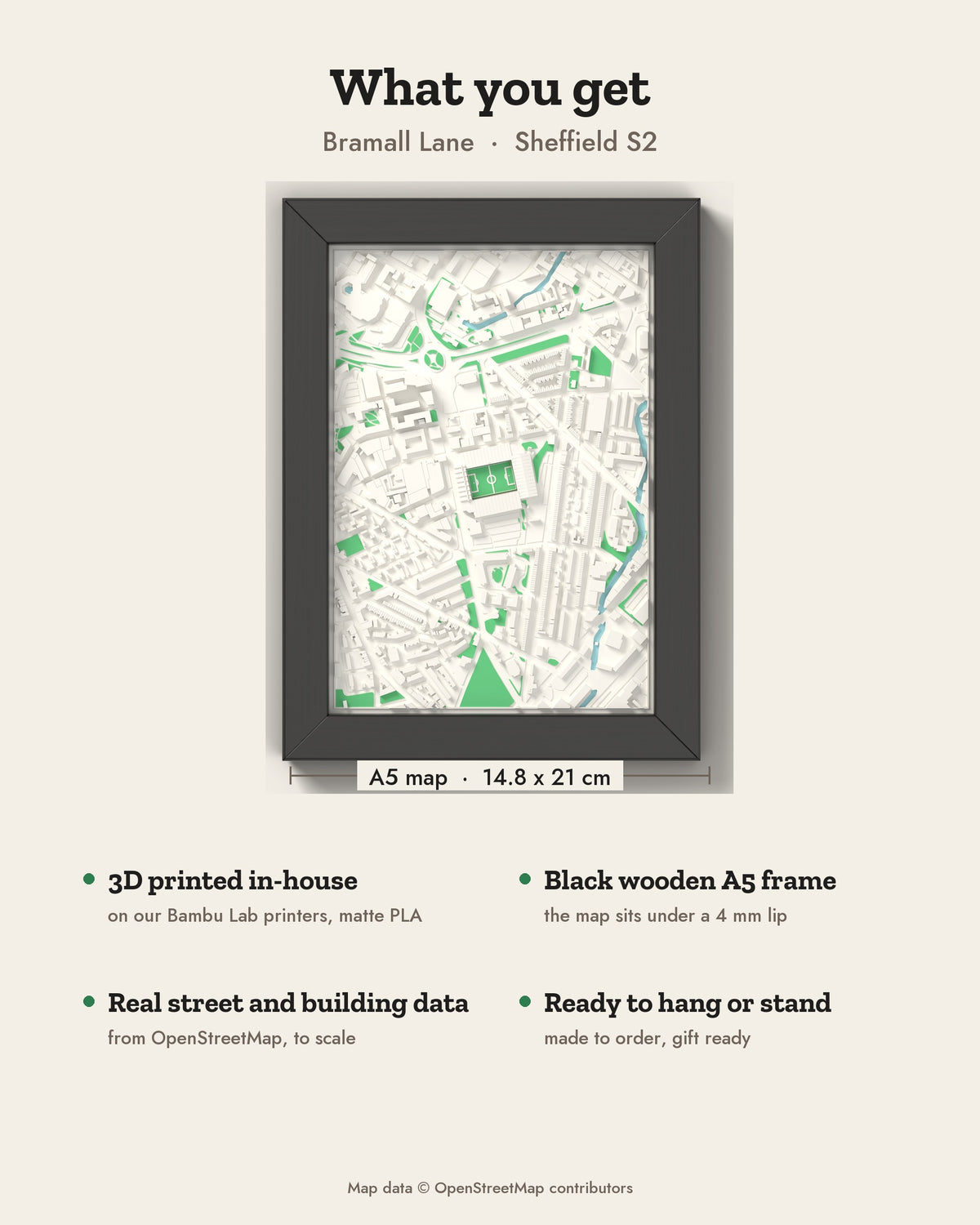 3D Bramall Lane Map Framed - What you get: A5 3D stadium map, 14.8 x 21 cm, in a black wooden frame