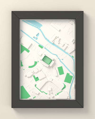 3D Brick Community Stadium Map Framed - 3D printed Brick Community Stadium map in a black wooden A5 frame, lit from the side