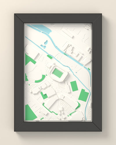 3D Brick Community Stadium Map Framed - 3D printed Brick Community Stadium map in a black wooden A5 frame, lit from the side