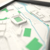 3D Brick Community Stadium Map Framed - Close-up across the 3D map showing the Brick Community Stadium stands and green pitch standing up from the streets