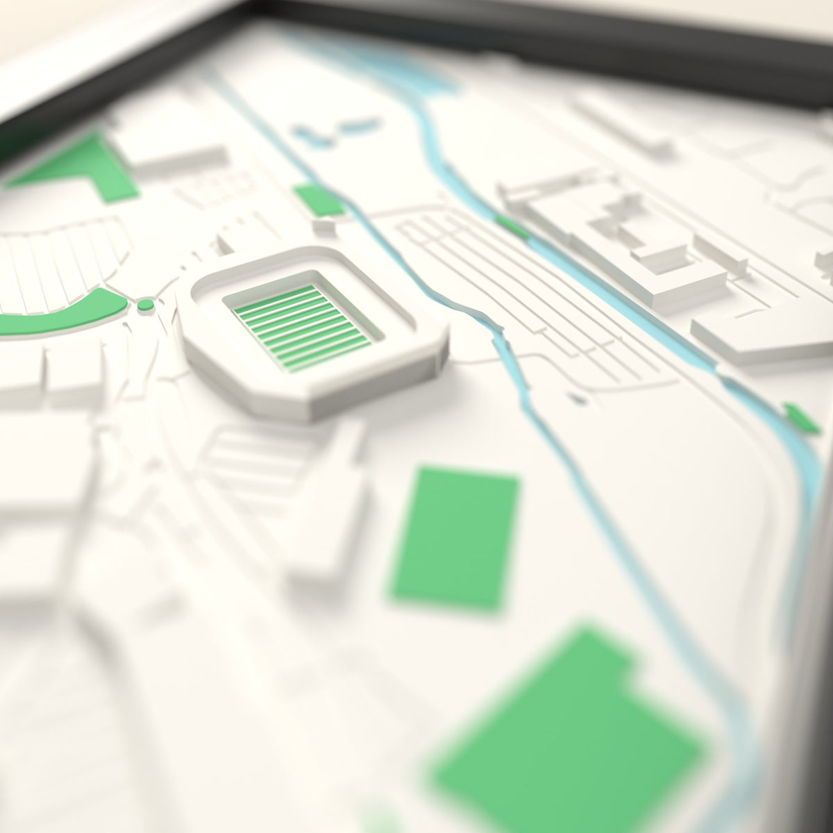 3D Brick Community Stadium Map Framed - Close-up across the 3D map showing the Brick Community Stadium stands and green pitch standing up from the streets