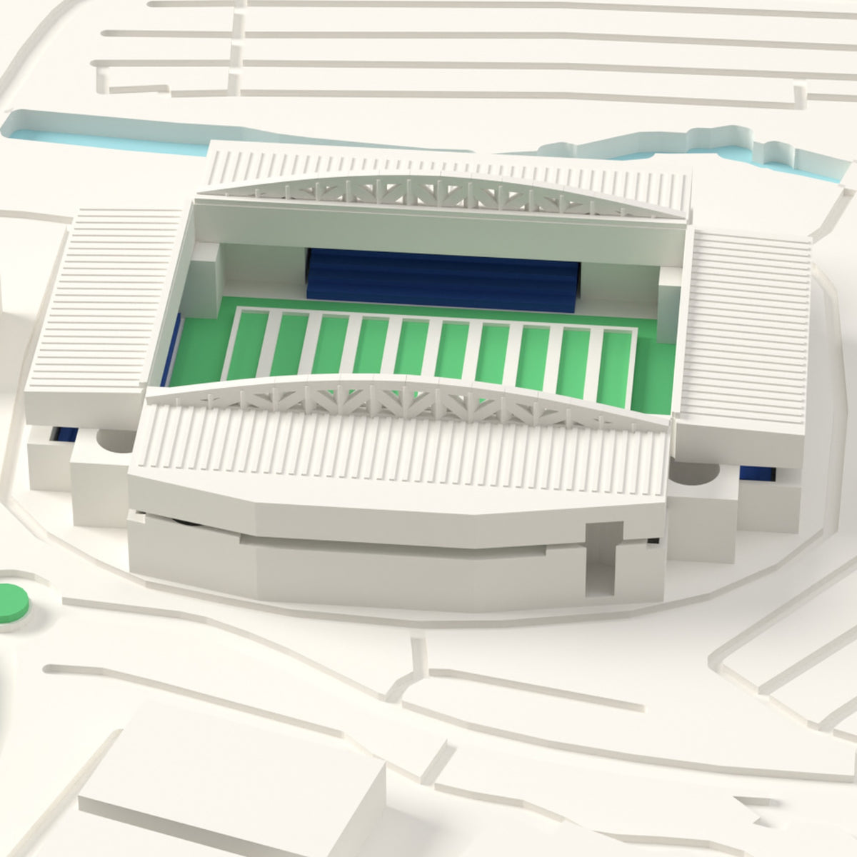3D Brick Community Stadium Map Framed - Close-up of the 3D printed Brick Community Stadium: the two white arched roof trusses over the side stands and blue seats