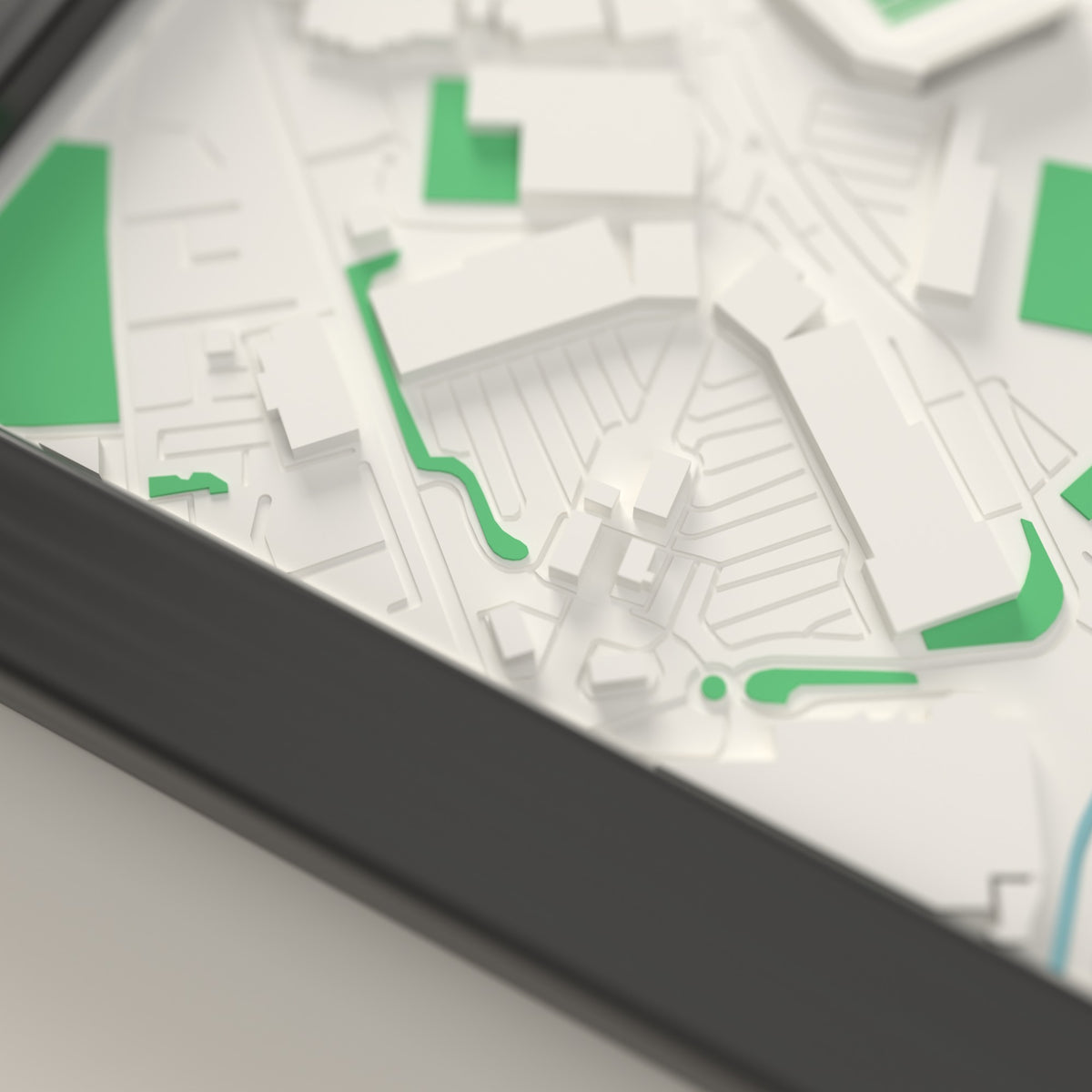 3D Brick Community Stadium Map Framed - Close-up of the raised streets and buildings around Brick Community Stadium on the 3D printed map