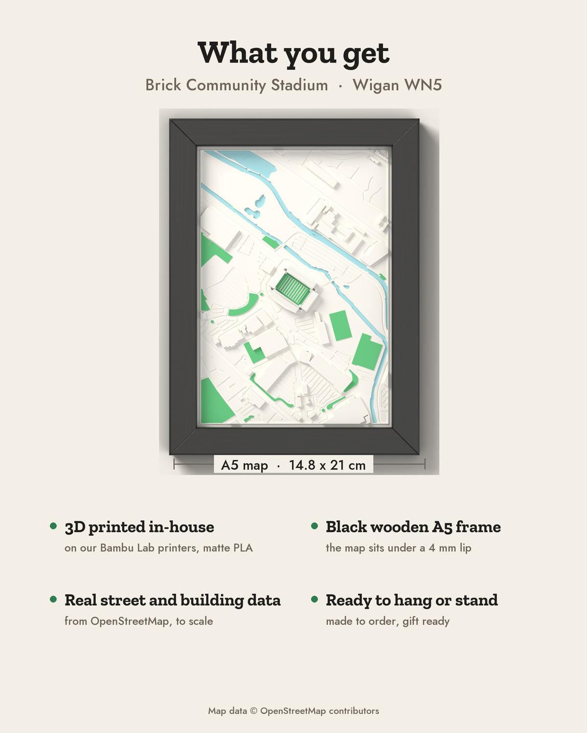 3D Brick Community Stadium Map Framed - What you get: A5 3D stadium map, 14.8 x 21 cm, in a black wooden frame