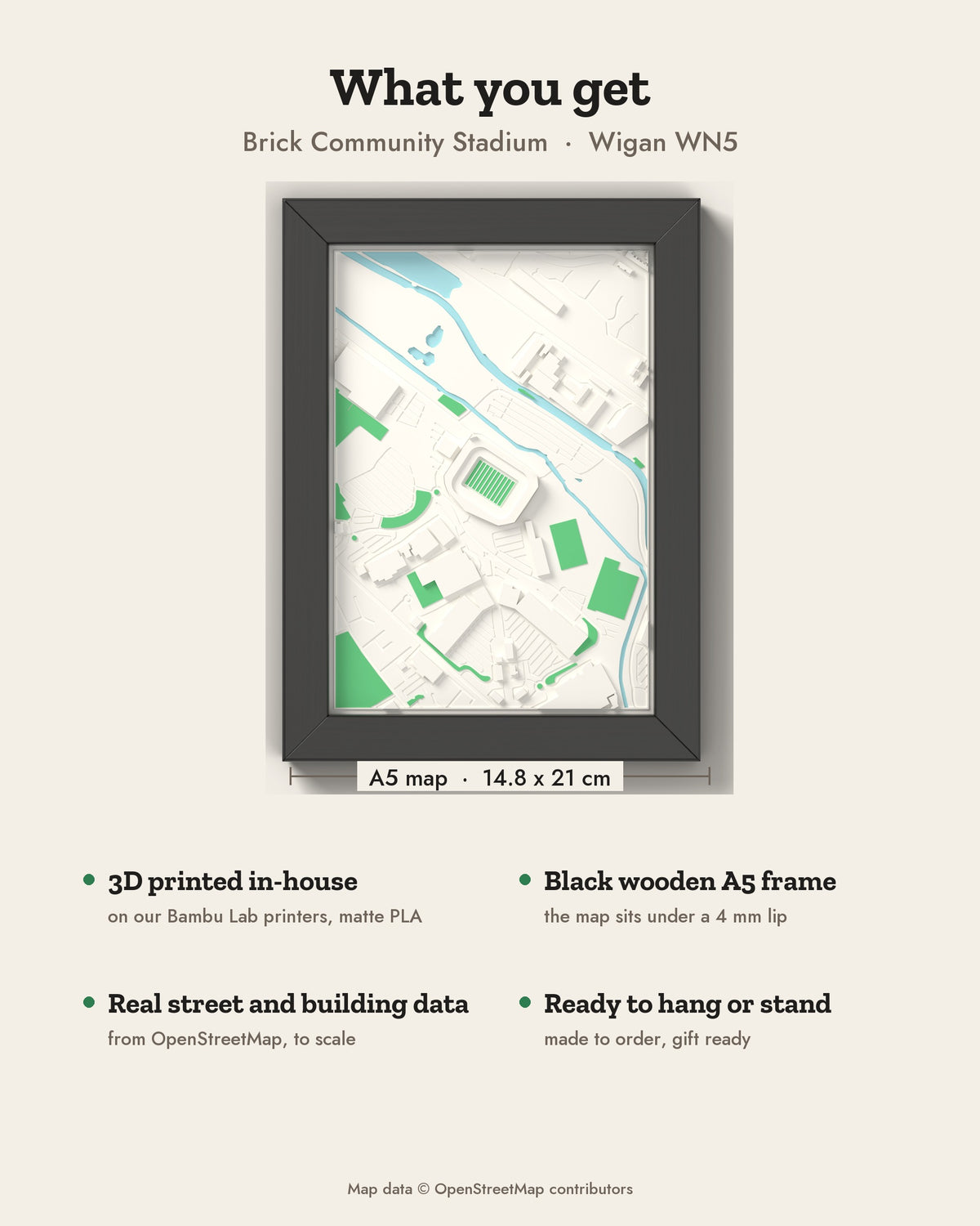 3D Brick Community Stadium Map Framed - What you get: A5 3D stadium map, 14.8 x 21 cm, in a black wooden frame