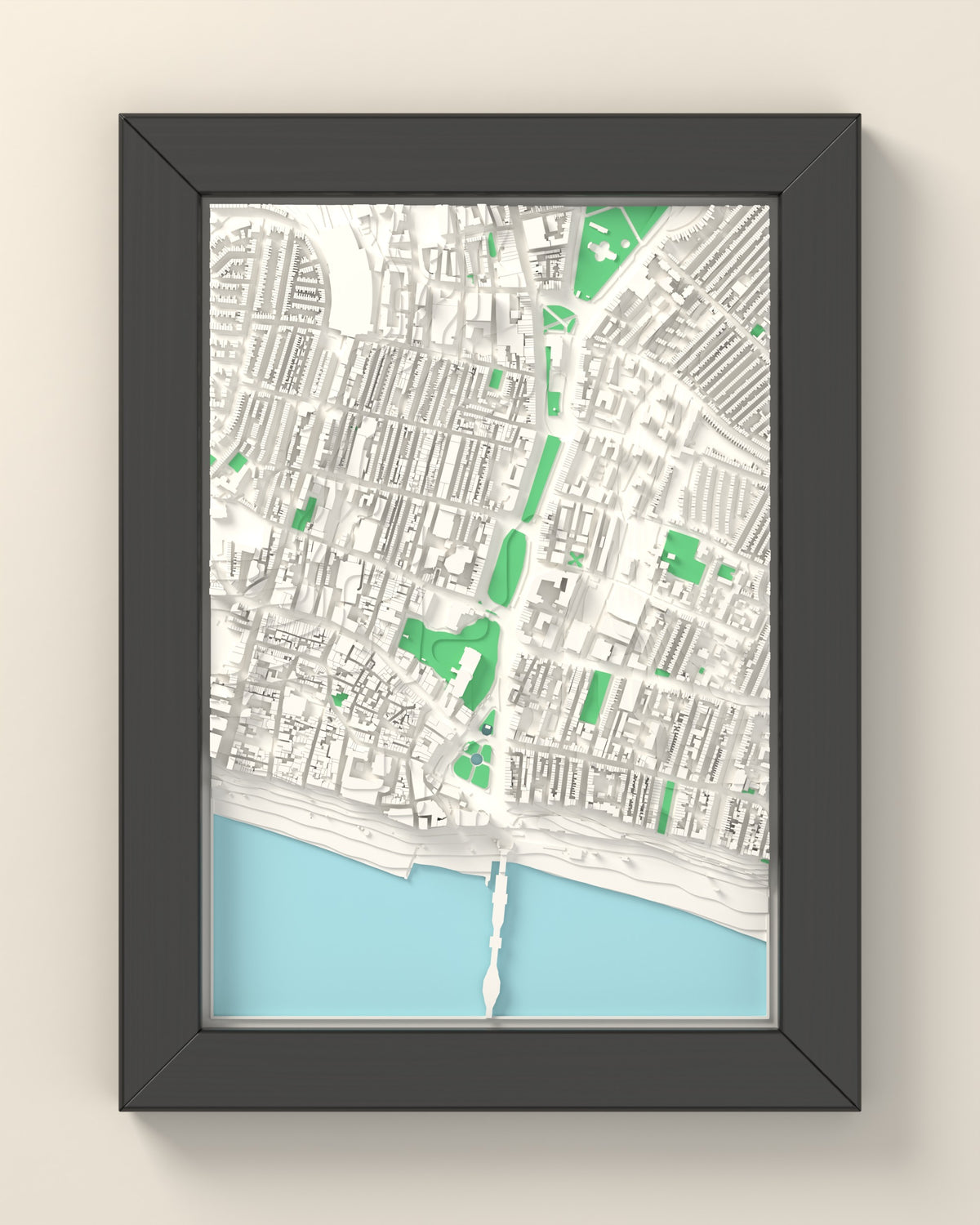 3D Brighton Map Framed - 3D printed Brighton map in a black wooden A5 frame, lit from the side