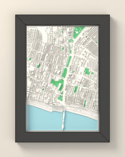 3D Brighton Map Framed - 3D printed Brighton map in a black wooden A5 frame, lit from the side