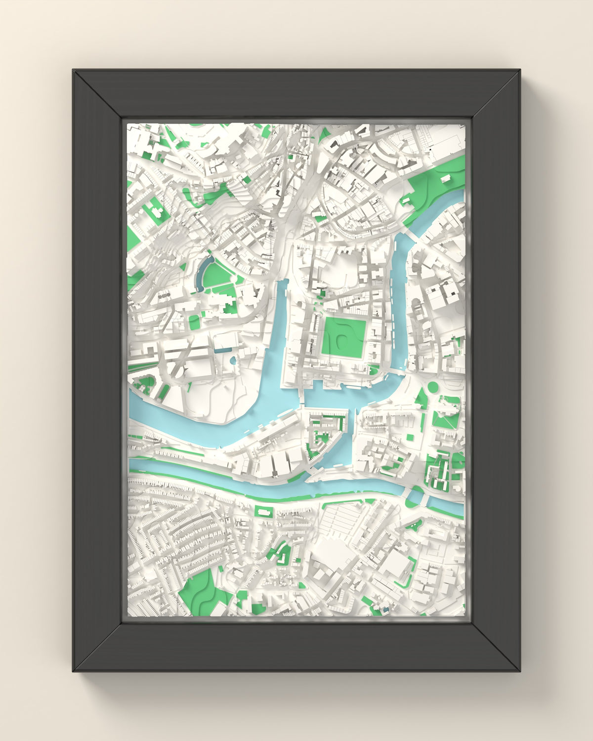 3D Bristol Map Framed - 3D printed Bristol map in a black wooden A5 frame, lit from the side