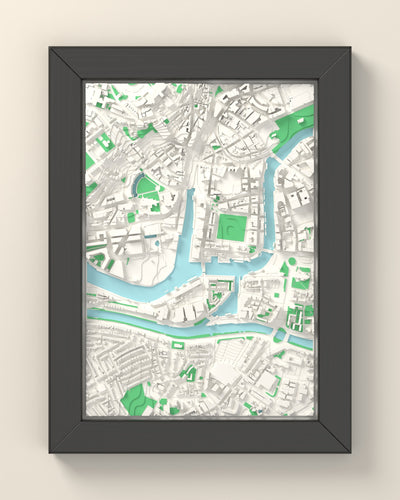 3D Bristol Map Framed - 3D printed Bristol map in a black wooden A5 frame, lit from the side