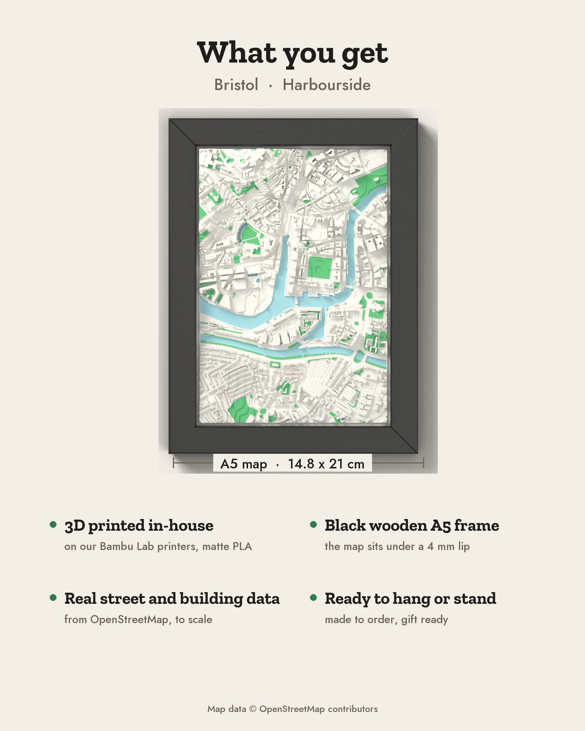 3D Bristol Map Framed - What you get: A5 3D city map, 14.8 x 21 cm, in a black wooden frame