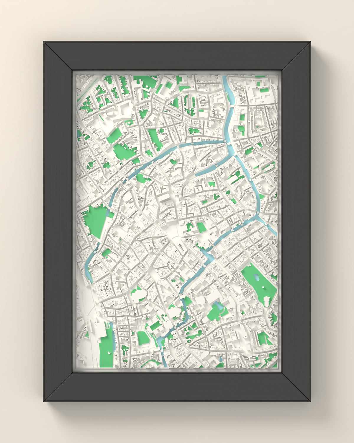 3D Bruges Map Framed - 3D printed Bruges map in a black wooden A5 frame, lit from the side
