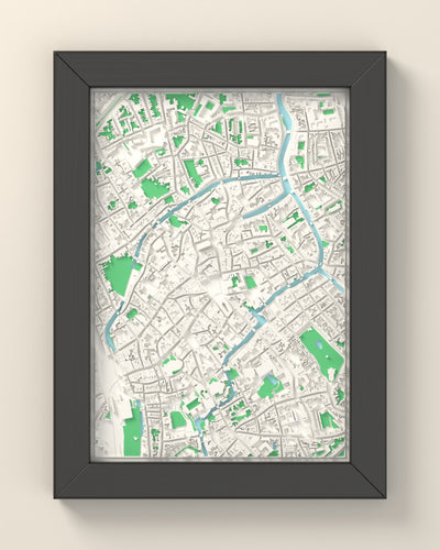 3D Bruges Map Framed - 3D printed Bruges map in a black wooden A5 frame, lit from the side
