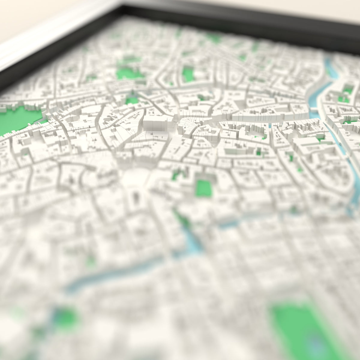 3D Bruges Map Framed - Close-up across the 3D Bruges map showing the raised streets and buildings