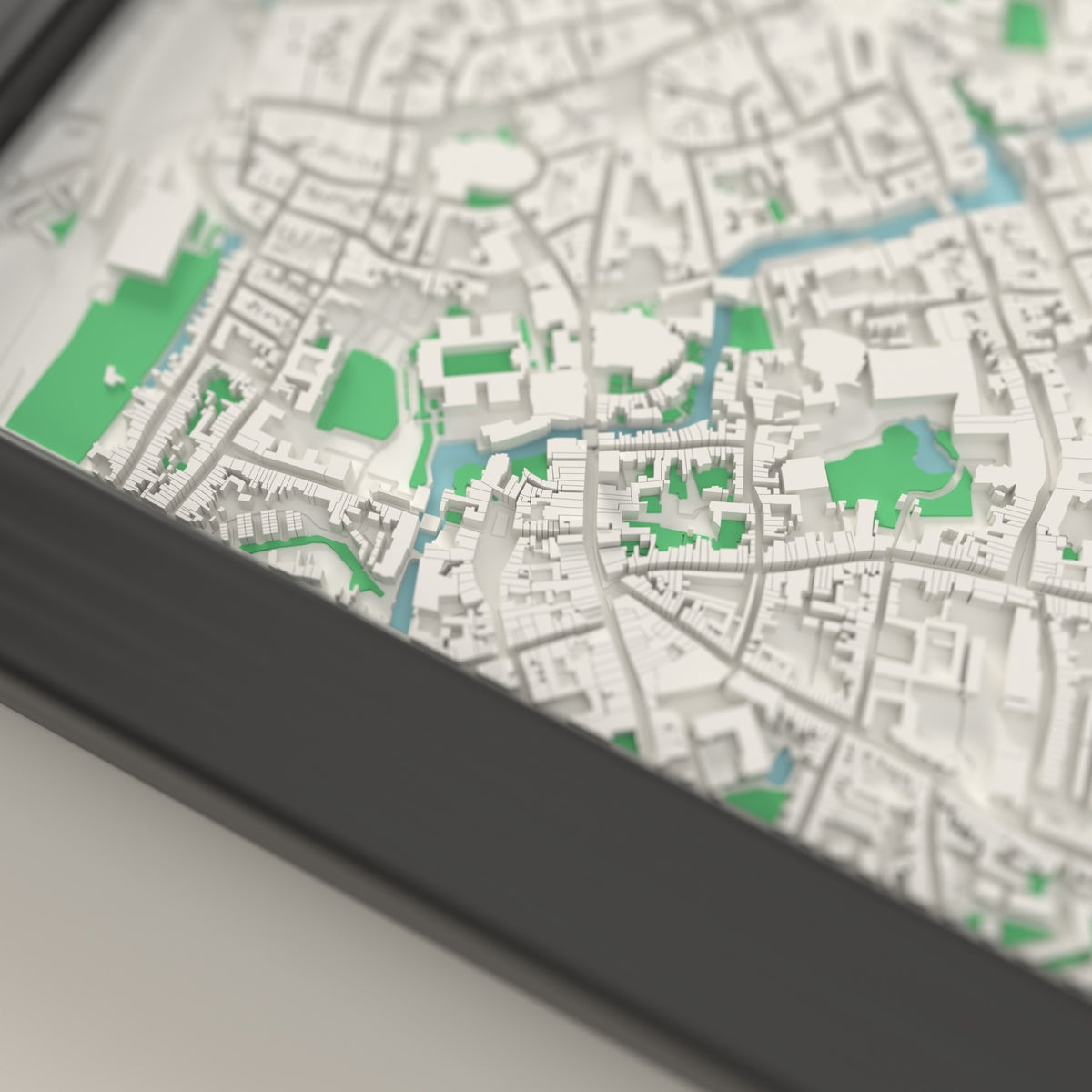 3D Bruges Map Framed - Close-up of the raised streets of Bruges on the 3D printed map