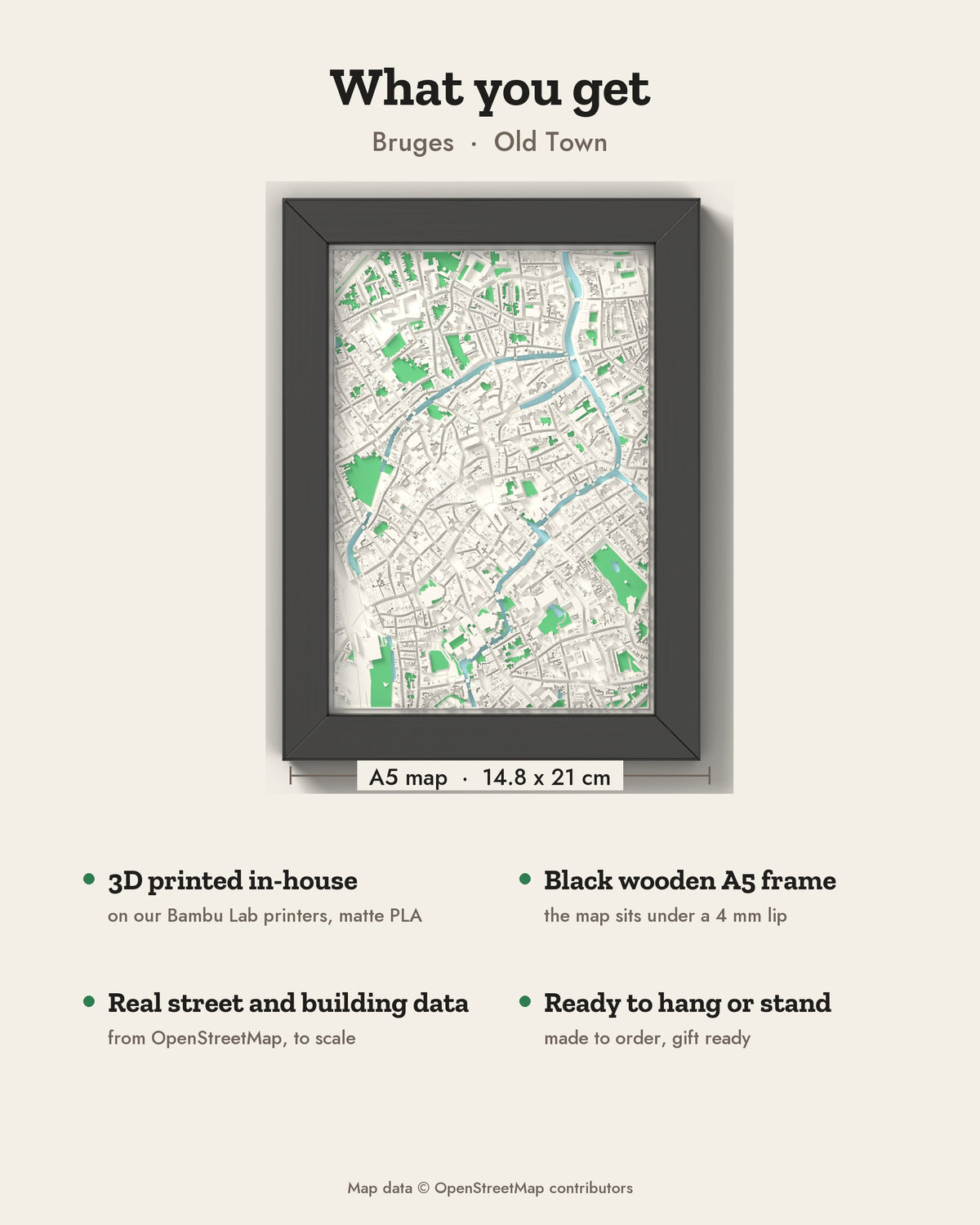3D Bruges Map Framed - What you get: A5 3D city map, 14.8 x 21 cm, in a black wooden frame