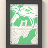 3D Brunton Park Map Framed - 3D printed Brunton Park map in a black wooden A5 frame, lit from the side