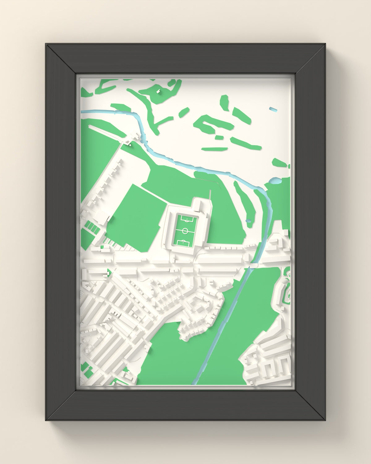 3D Brunton Park Map Framed - 3D printed Brunton Park map in a black wooden A5 frame, lit from the side