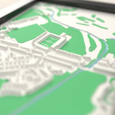 3D Brunton Park Map Framed - Close-up across the 3D map showing the Brunton Park stands and green pitch standing up from the streets