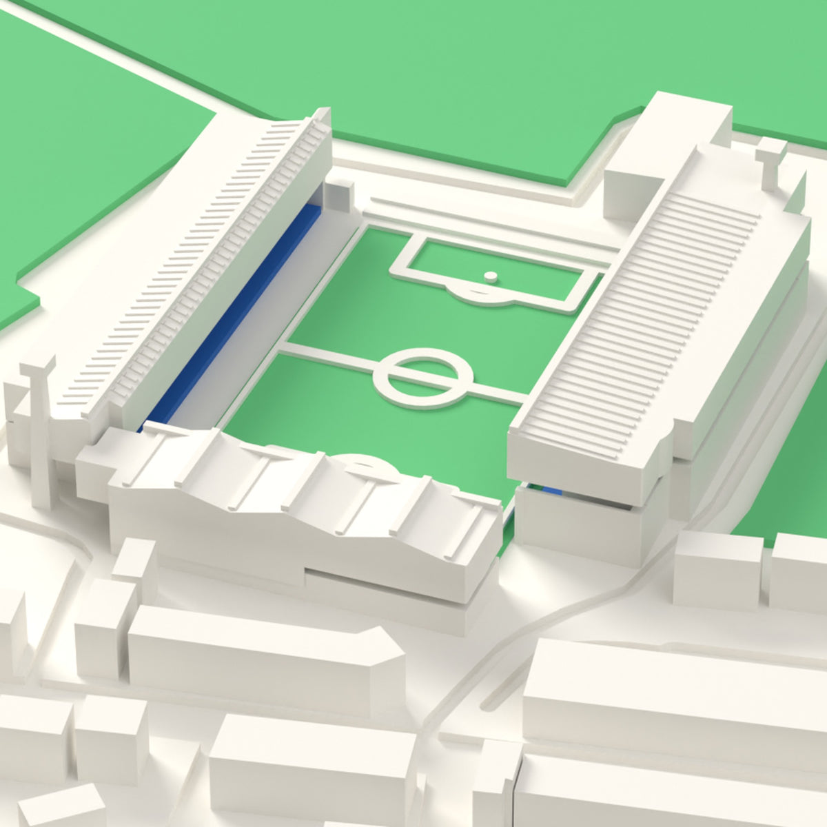 3D Brunton Park Map Framed - Close-up of the 3D printed Brunton Park: the Warwick Road End triple gable, the big East Stand roof and blue seats