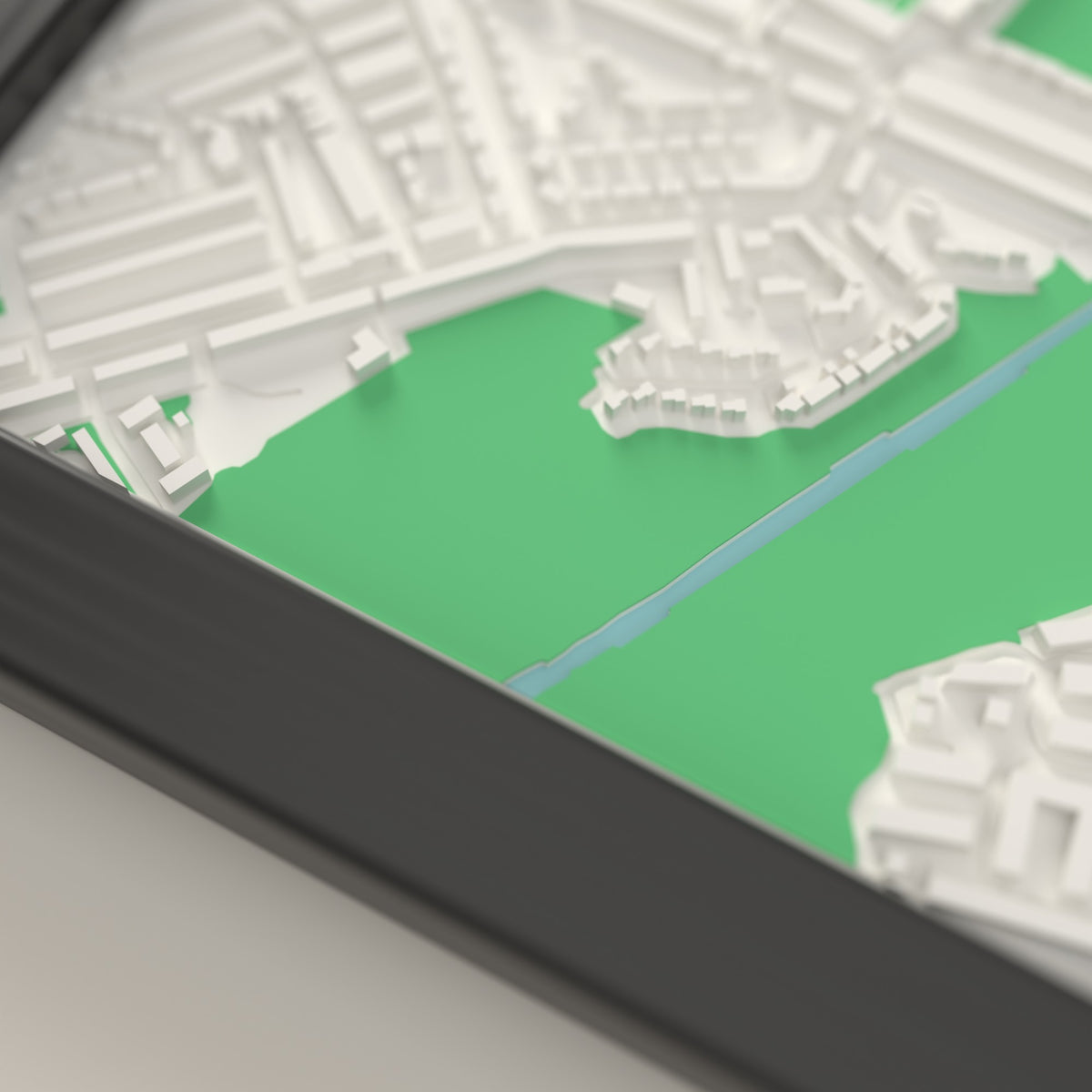 3D Brunton Park Map Framed - Close-up of the raised streets and buildings around Brunton Park on the 3D printed map