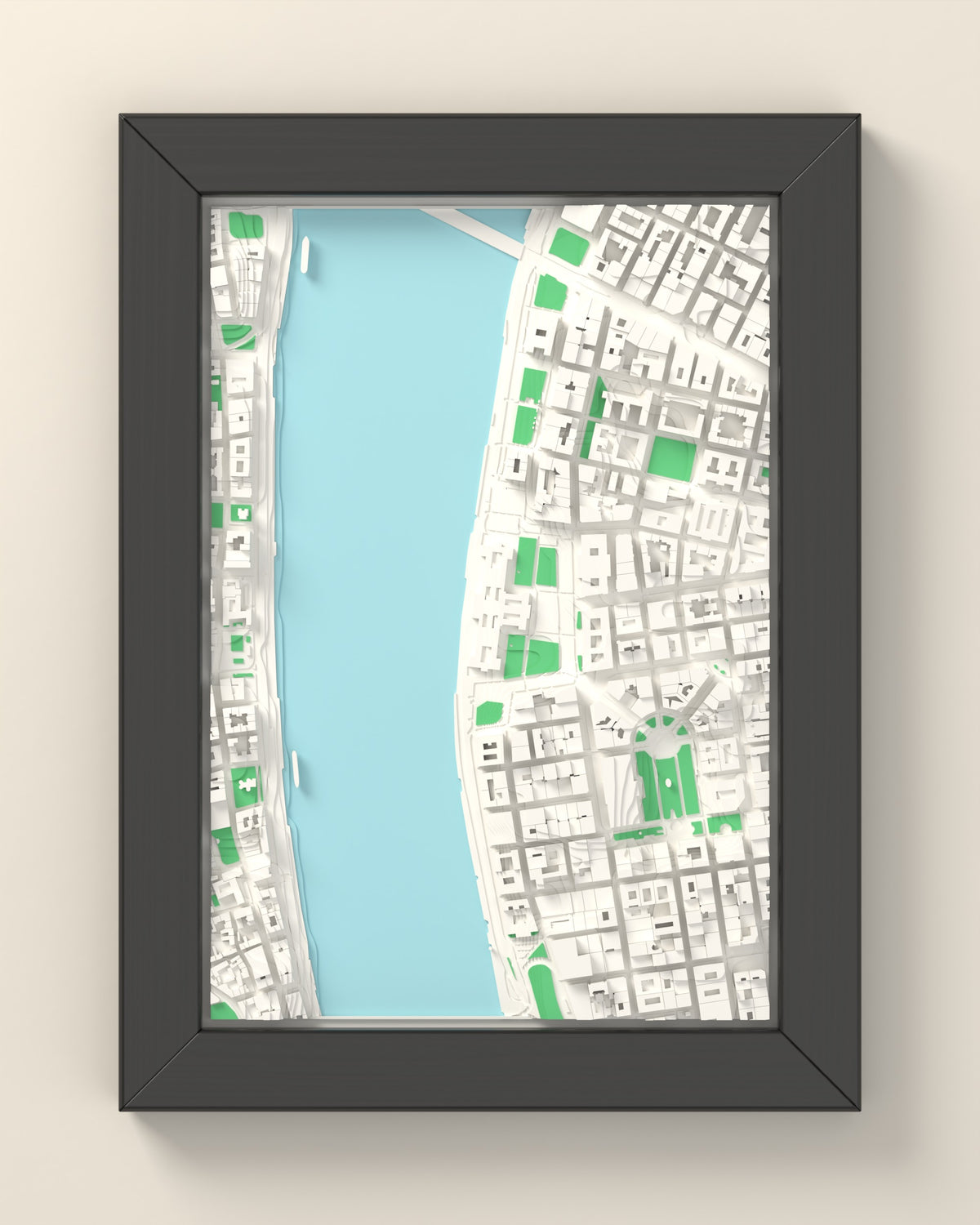 3D Budapest Map Framed - 3D printed Budapest map in a black wooden A5 frame, lit from the side