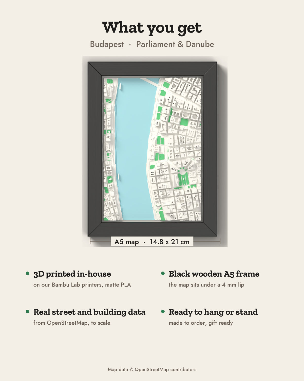 3D Budapest Map Framed - What you get: A5 3D city map, 14.8 x 21 cm, in a black wooden frame