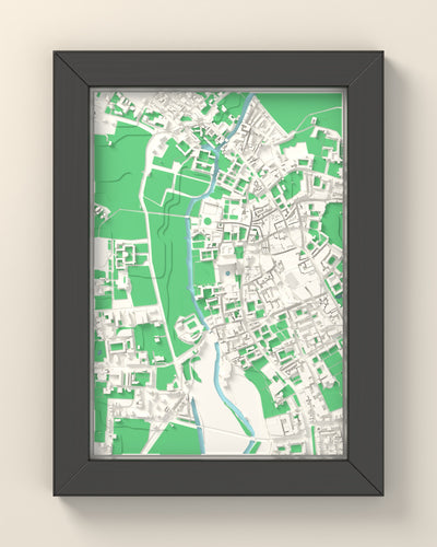 3D Cambridge Map Framed - 3D printed Cambridge map in a black wooden A5 frame, lit from the side