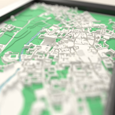 3D Cambridge Map Framed - Close-up across the 3D Cambridge map showing the raised streets and buildings