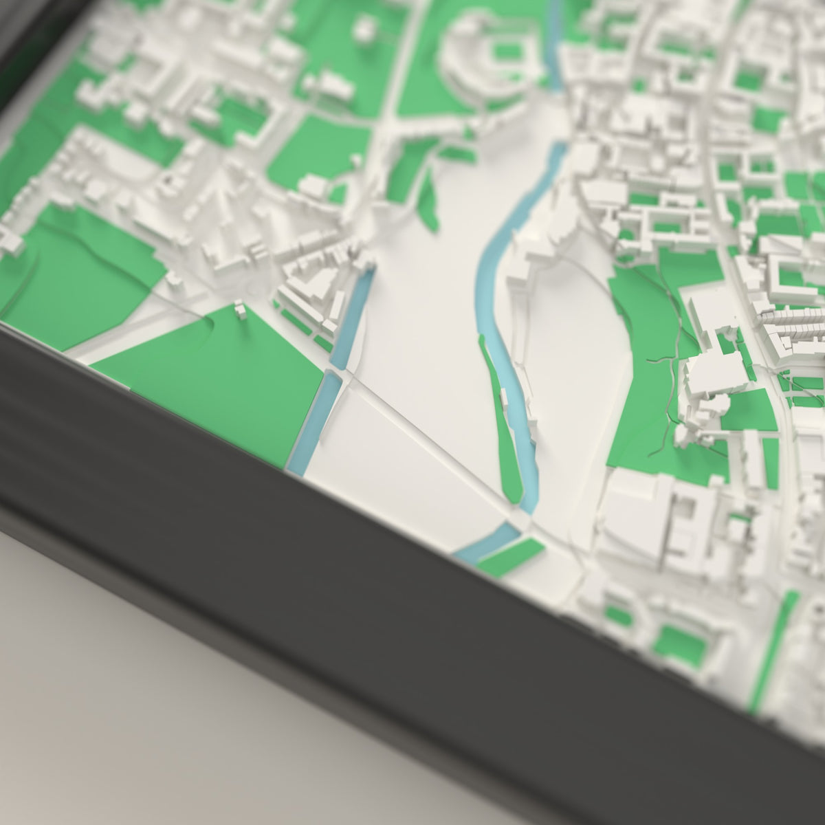 3D Cambridge Map Framed - Close-up of the raised streets of Cambridge on the 3D printed map