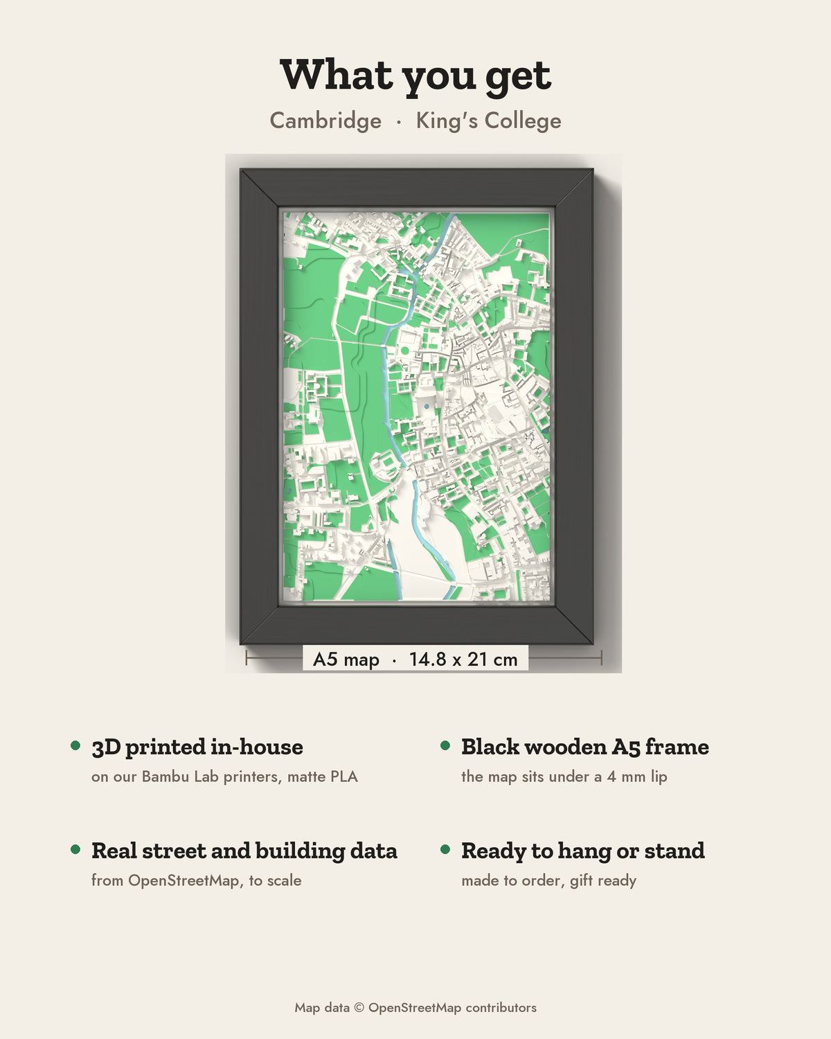 3D Cambridge Map Framed - What you get: A5 3D city map, 14.8 x 21 cm, in a black wooden frame