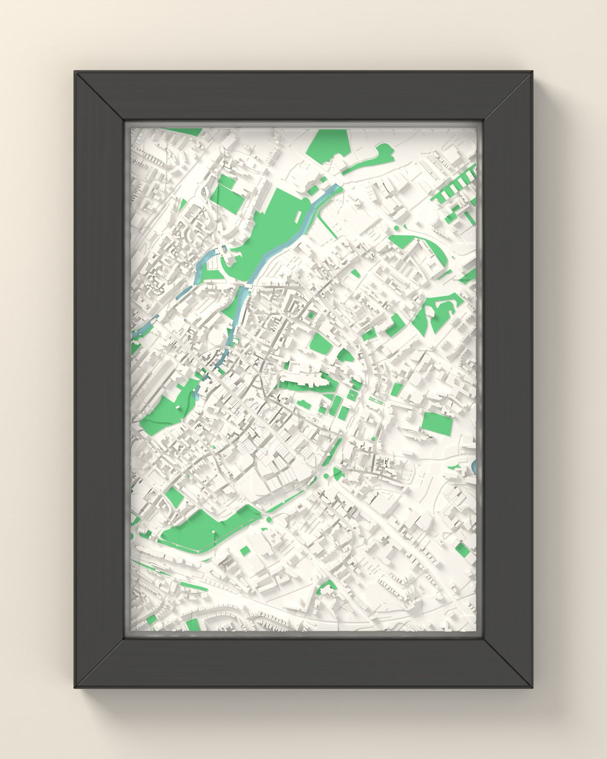 3D Canterbury Map Framed - 3D printed Canterbury map in a black wooden A5 frame, lit from the side