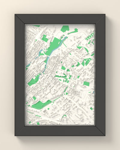3D Canterbury Map Framed - 3D printed Canterbury map in a black wooden A5 frame, lit from the side