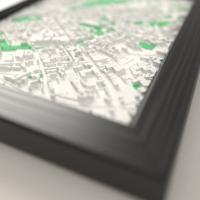 3D Canterbury Map Framed - Close-up across the 3D Canterbury map showing the raised streets and buildings